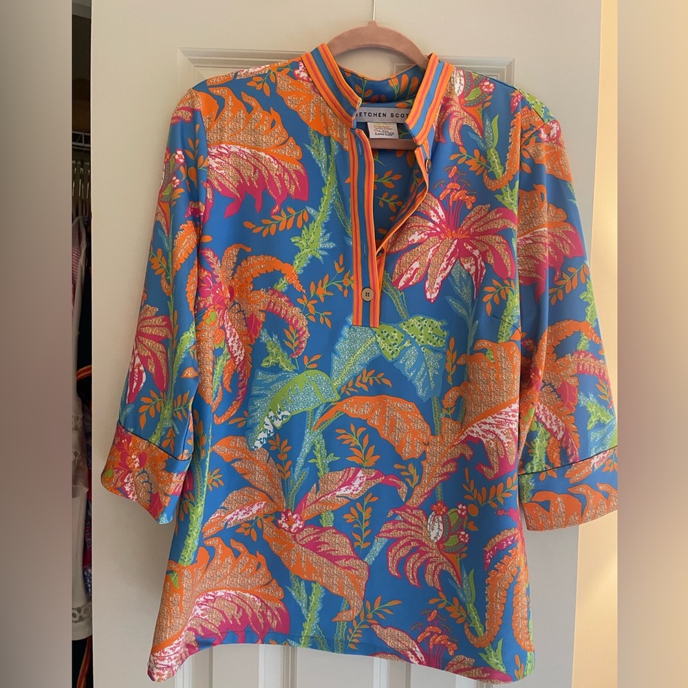 Gretchen Scott tunic top. Blue, orange floral print. Size L.